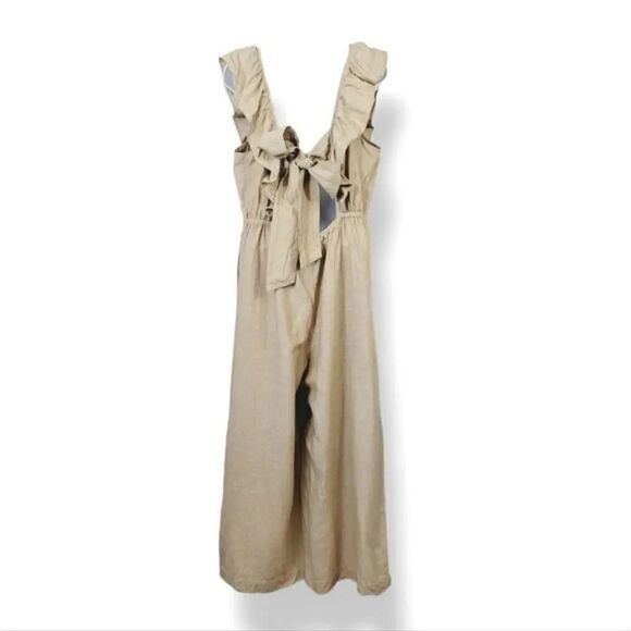 Madewell Linen Blend Ruffle Tie Back Wide Leg Jumpsuit in Seed Khaki Size 10 - Picture 7 of 12